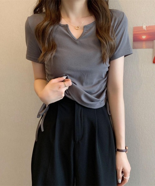 MAISON DE THERESE（メゾン ド テレーズ）の「サイドシャーリング　ネックVカット半袖Tシャツ（Tシャツ/カットソー・レディース・グレー/ブラック/ホワイト/ピンク/ダークグレー・M/L/XL/XXL）」の13枚目の写真