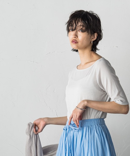 MAYSON GREY(メイソングレイ)の「シアーテレココンパクトTシャツ≪洗濯機で洗える≫(Tシャツ/カットソー・レディース・ブラック/ライトグレー・M)」の10枚目の写真