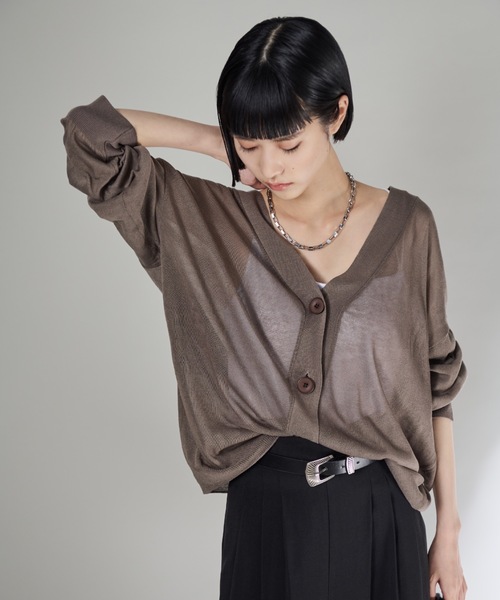 Shelly island（シェリーアイランド）の「シアーニットカーディガン（ニット/セーター・レディース・ブラウン/ブラック/ベージュ・FREE）」の2枚目の写真