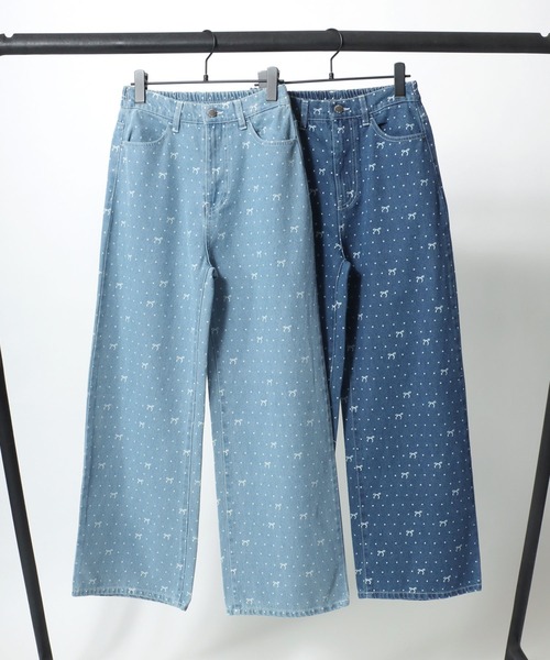 新品＊リボン紐付き*ドット柄ストレートパンツ大きいサイズレディース