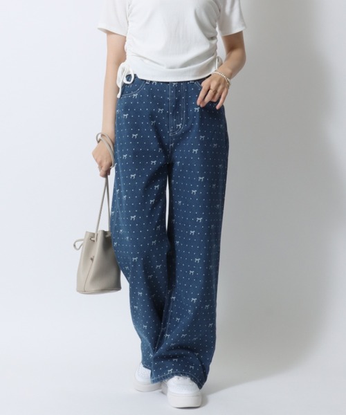 新品＊リボン紐付き*ドット柄ストレートパンツ大きいサイズ