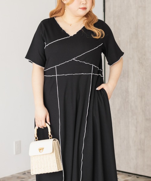 CLETTE(クレット)の「配色メローワンピース(ワンピース・レディース・ブラック/アイボリー/チャコールグレー・4L/LL/3L)」の10枚目の写真