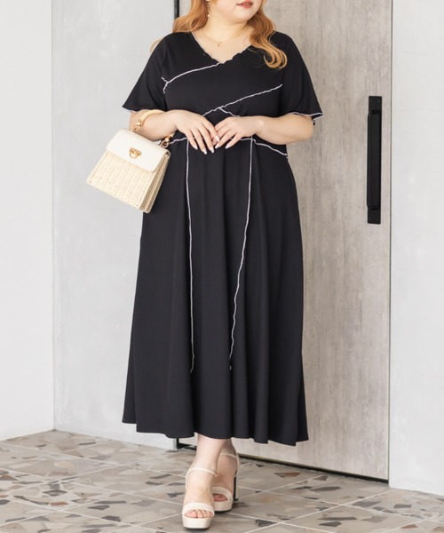CLETTE(クレット)の「配色メローワンピース(ワンピース・レディース・ブラック/アイボリー/チャコールグレー・4L/LL/3L)」の9枚目の写真