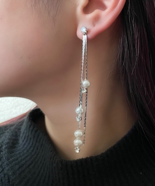 セール】ジュエル & パール & ロングチェーンドロップピアス (両