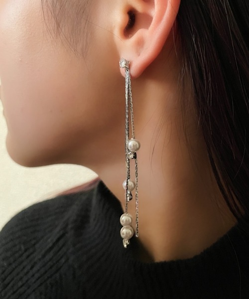 セール】ジュエル & パール & ロングチェーンドロップピアス (両