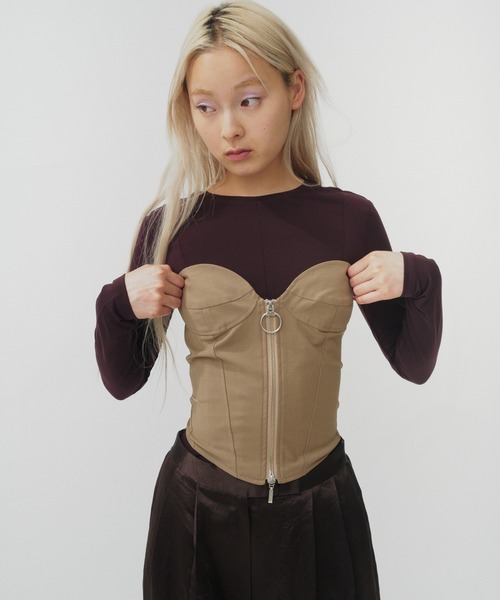 THINGS THAT MATTER（シングス ザット マター）の「T/Ｗ FRONT ZIP BUSTIER/ TWフロントジップビスチェ（チューブトップ・レディース・ブラック/ベージュ/ストライプ・1/2）」の19枚目の写真