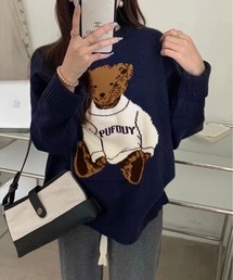 クルーネック ベア デザイン ニット