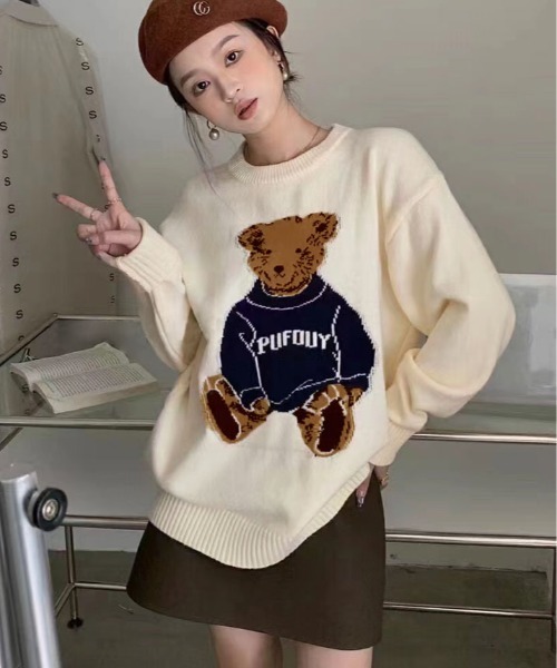 kirakiraShop（キラキラショップ）の「クルーネック ベア デザイン ニット（ニット/セーター・レディース・ネイビー/クリーム・FREE）」の4枚目の写真