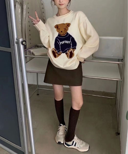 kirakiraShop（キラキラショップ）の「クルーネック ベア デザイン ニット（ニット/セーター・レディース・ネイビー/クリーム・FREE）」の5枚目の写真