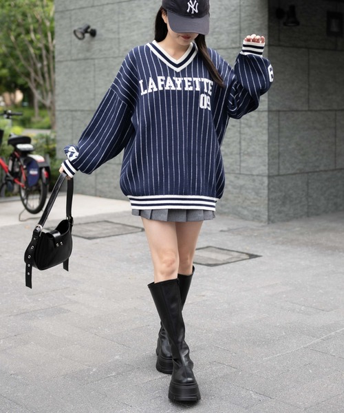 WEGO（ウィゴー）の「WEGO/ベースボールグラフィックプルオーバーニット（ニット/セーター・レディース・ホワイト/ネイビー・FREE）」の4枚目の写真