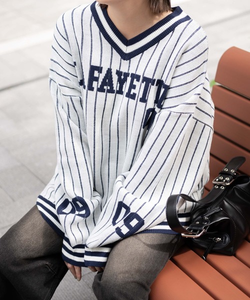 WEGO（ウィゴー）の「WEGO/ベースボールグラフィックプルオーバーニット（ニット/セーター・レディース・ホワイト/ネイビー・FREE）」の5枚目の写真