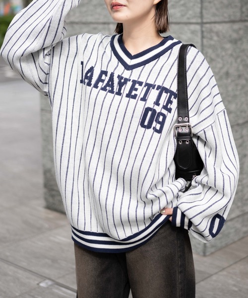 WEGO（ウィゴー）の「WEGO/ベースボールグラフィックプルオーバーニット（ニット/セーター・レディース・ホワイト/ネイビー・FREE）」の6枚目の写真