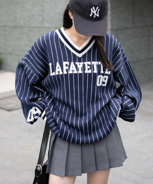 WEGO（ウィゴー）の「WEGO/ベースボールグラフィックプルオーバーニット（ニット/セーター・レディース・ホワイト/ネイビー・FREE）」の8枚目の写真