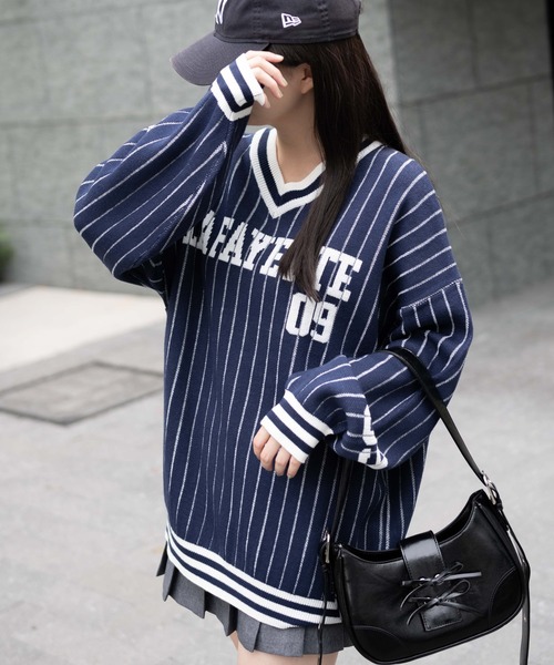 WEGO（ウィゴー）の「WEGO/ベースボールグラフィックプルオーバーニット（ニット/セーター・レディース・ホワイト/ネイビー・FREE）」の9枚目の写真