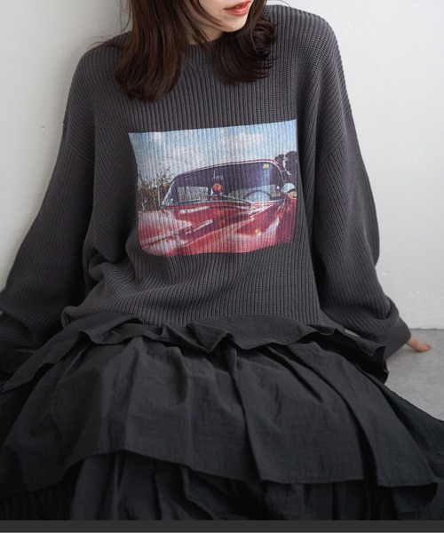 notch.（ノッチ）の「フォトプリントプルオーバーニット（ニット/セーター・レディース・チャコール/ブラック/オフホワイト・M）」の3枚目の写真