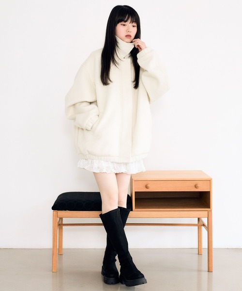 Heather スタンドシャギーミドルブルゾン アウター ホワイト Heather スタンドシャギーミドルブルゾン アウター ホワイト