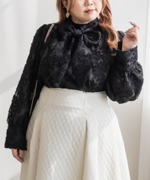 リボンタイ付きジャガード花柄シアーブラウス