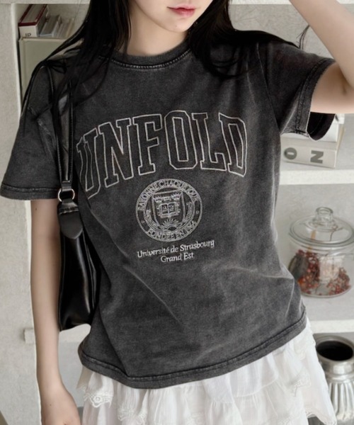 Eclat one(エクラワン)の「【Eclat one】ステッチ刺繍 カレッジロゴ 半袖 Tシャツ(Tシャツ/カットソー・レディース・ブラック/アイボリー/グレー・FREE)」の8枚目の写真