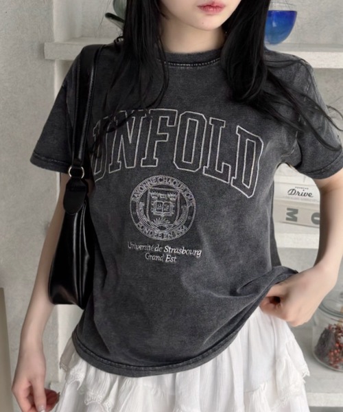 セール】【Eclat one】ステッチ刺繍 カレッジロゴ 半袖 Tシャツ