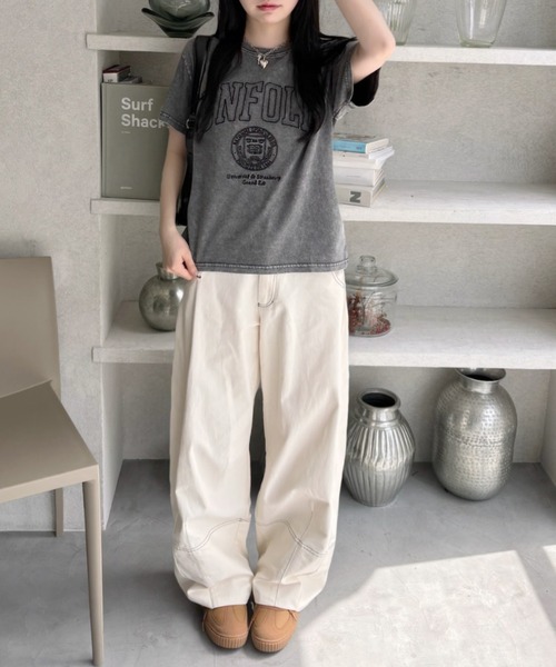 Eclat one(エクラワン)の「【Eclat one】ステッチ刺繍 カレッジロゴ 半袖 Tシャツ(Tシャツ/カットソー・レディース・ブラック/アイボリー/グレー・FREE)」の14枚目の写真