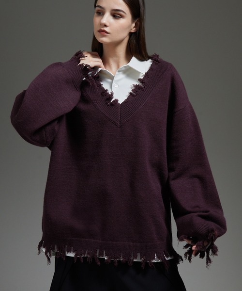 cussi/クシル ダブルジャガードルーズシルエットVネックダメージニット S cussil（クシル）の「【cussil/クシル】ダブルジャガードルーズ