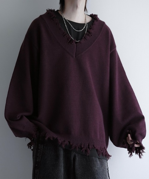 cussil（クシル）の「【cussil/クシル】プレーティング天竺アンチピリングルーズシルエットＶネックダメージニット（ニット/セーター・メンズ・ブラック/ライトグレー/チャコールグレー/ワインレッド/グレー/アッシュブラウン・S/M/L/XS）」の14枚目の写真