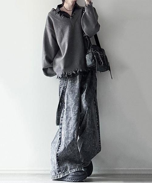 cussil（クシル）の「【cussil/クシル】プレーティング天竺アンチピリングルーズシルエットＶネックダメージニット（ニット/セーター・メンズ・ブラック/ライトグレー/チャコールグレー/ワインレッド/グレー/アッシュブラウン・S/M/L/XS）」の22枚目の写真