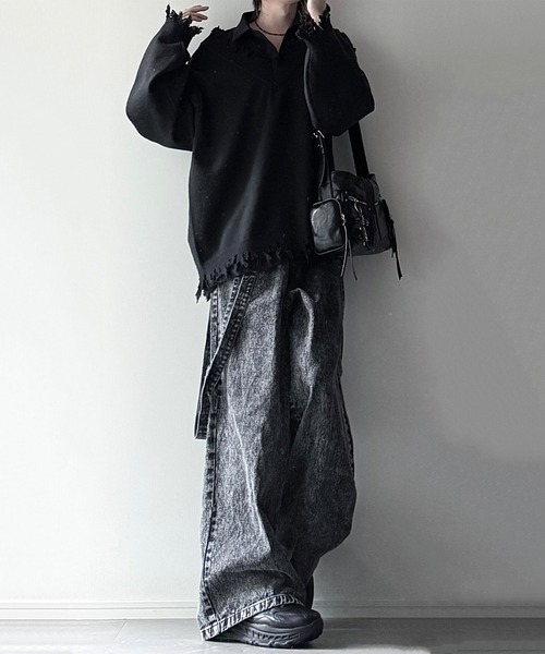 cussil（クシル）の「【cussil/クシル】プレーティング天竺アンチピリングルーズシルエットＶネックダメージニット（ニット/セーター・メンズ・ブラック/ライトグレー/チャコールグレー/ワインレッド/グレー/アッシュブラウン・S/M/L/XS）」の18枚目の写真