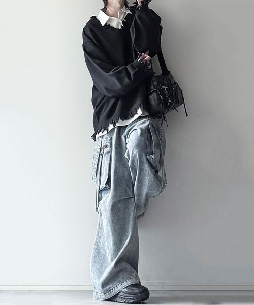 cussil（クシル）の「【cussil/クシル】プレーティング天竺アンチピリングルーズシルエットＶネックダメージニット（ニット/セーター・メンズ・ブラック/ライトグレー/チャコールグレー/ワインレッド/グレー/アッシュブラウン・S/M/L/XS）」の19枚目の写真