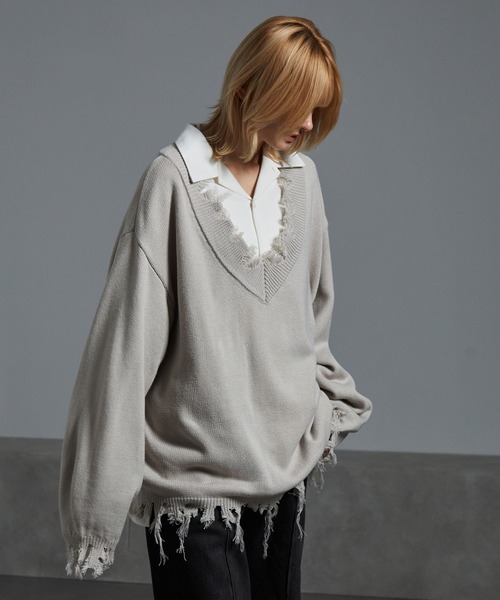 cussil/クシル】ダブルジャガードルーズシルエットVネックダメージ 