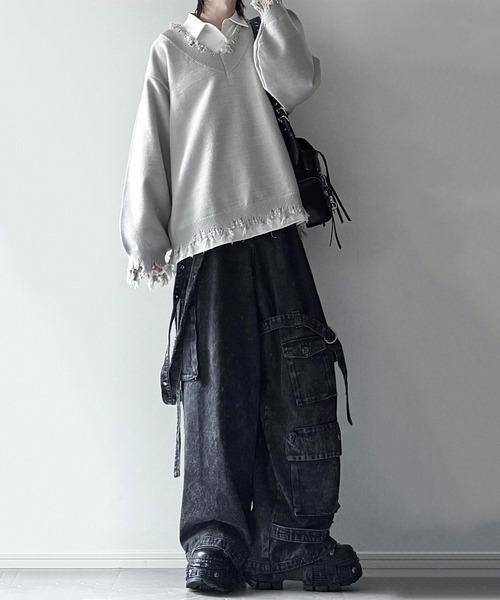 cussil（クシル）の「【cussil/クシル】プレーティング天竺アンチピリングルーズシルエットＶネックダメージニット（ニット/セーター・メンズ・ブラック/ライトグレー/チャコールグレー/ワインレッド/グレー/アッシュブラウン・S/M/L/XS）」の7枚目の写真