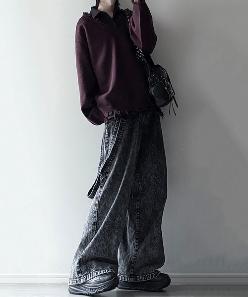 cussil（クシル）の「【cussil/クシル】プレーティング天竺アンチピリングルーズシルエットＶネックダメージニット（ニット/セーター・メンズ・ブラック/ライトグレー/チャコールグレー/ワインレッド/グレー/アッシュブラウン・S/M/L/XS）」の9枚目の写真