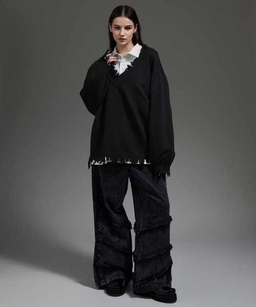 cussi/クシル ダブルジャガードルーズシルエットVネックダメージニット S cussi/クシル ダブルジャガードルーズシルエットVネックダメージ