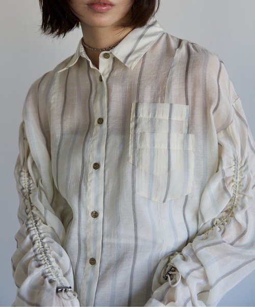 SOTT（ソット）の「Drawstring Sleeve Stripe Shirt　ドロストスリーブシアーストライプシャツ（シャツ/ブラウス・レディース・ブルー系その他/イエロー系・FREE）」の2枚目の写真