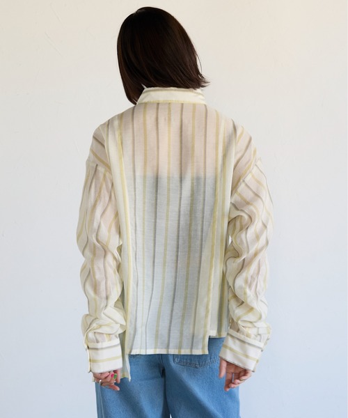 SOTT（ソット）の「Drawstring Sleeve Stripe Shirt　ドロストスリーブシアーストライプシャツ（シャツ/ブラウス・レディース・ブルー系その他/イエロー系・FREE）」の20枚目の写真