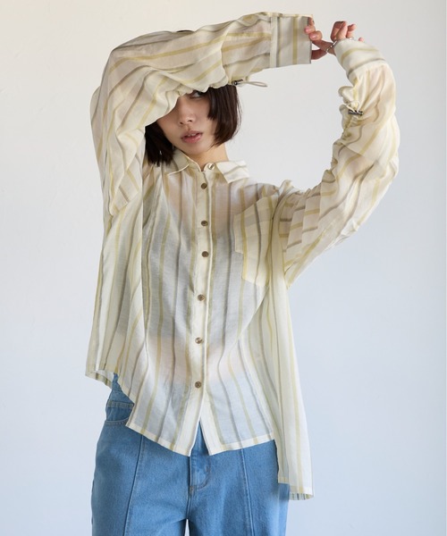 SOTT（ソット）の「Drawstring Sleeve Stripe Shirt　ドロストスリーブシアーストライプシャツ（シャツ/ブラウス・レディース・ブルー系その他/イエロー系・FREE）」の13枚目の写真