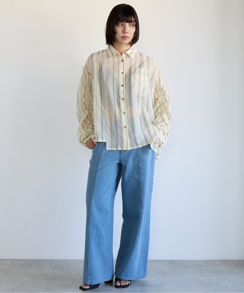 SOTT（ソット）の「Drawstring Sleeve Stripe Shirt　ドロストスリーブシアーストライプシャツ（シャツ/ブラウス・レディース・ブルー系その他/イエロー系・FREE）」の11枚目の写真