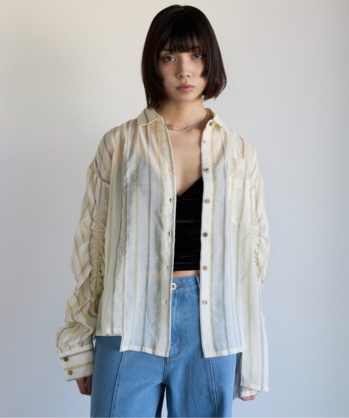 SOTT（ソット）の「Drawstring Sleeve Stripe Shirt　ドロストスリーブシアーストライプシャツ（シャツ/ブラウス・レディース・ブルー系その他/イエロー系・FREE）」の16枚目の写真