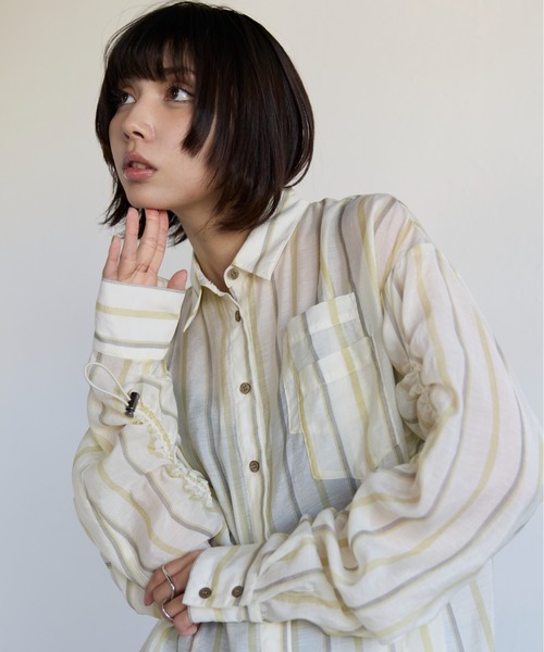 SOTT（ソット）の「Drawstring Sleeve Stripe Shirt　ドロストスリーブシアーストライプシャツ（シャツ/ブラウス・レディース・ブルー系その他/イエロー系・FREE）」の17枚目の写真