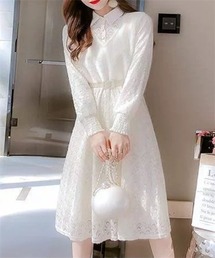 パール付きレース切り替えドッキングワンピース