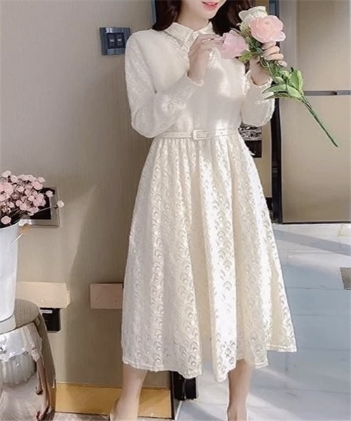 Dream garden(ドリームガーデン)の「パール付きレース切り替えドッキングワンピース(ワンピース・レディース・ピンク/ベージュ・S/M/L)」の4枚目の写真