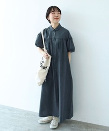コットンリネン 丸襟ギャザーワンピース