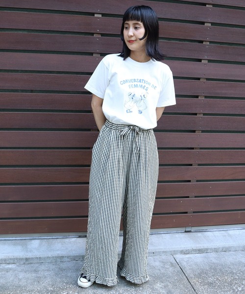 Dot&Stripes CHILD WOMANフリル付き カジュアルパンツ ドビーギンガム 裾フリルイージーパンツ(セットアップ対応