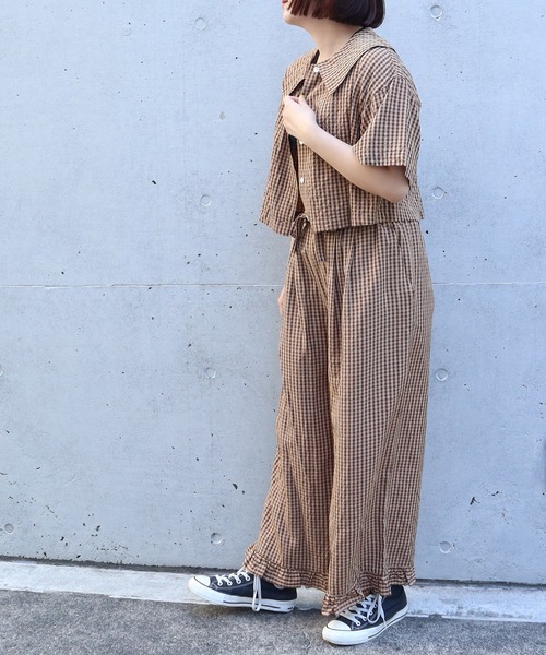 CHILD WOMAN(チャイルドウーマン)の「☆ドビーギンガム 裾フリルイージーパンツ(セットアップ対応)(その他パンツ・レディース・ブラック/ブラウン・FREE)」の9枚目の写真