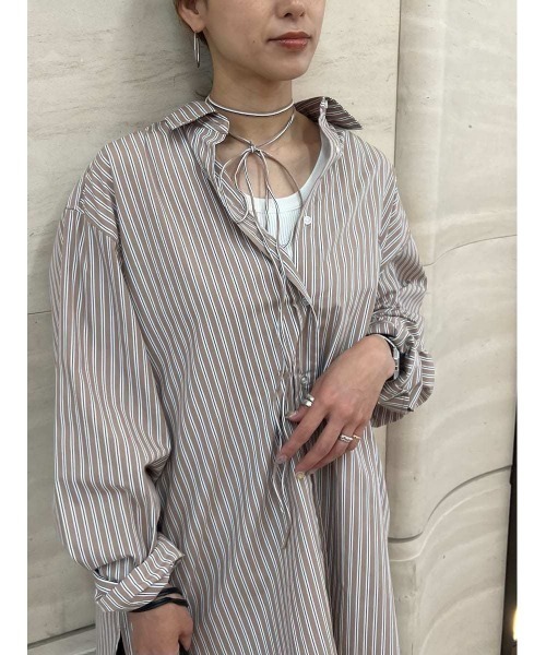Mila Owen ブラック ストライプシャツ 未使用品 セール】【イージーケア】リボン付きストライプオーバーシャツ