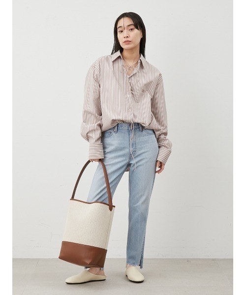 Mila Owen（ミラオーウェン）の「【イージーケア】リボン付きストライプオーバーシャツ（シャツ/ブラウス・レディース・ブルー/ピンク/イエロー/ベージュ・FREE）」の5枚目の写真