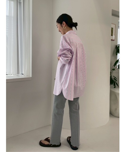 Mila Owen（ミラオーウェン）の「【イージーケア】リボン付きストライプオーバーシャツ（シャツ/ブラウス・レディース・ブルー/ピンク/イエロー/ベージュ・FREE）」の21枚目の写真