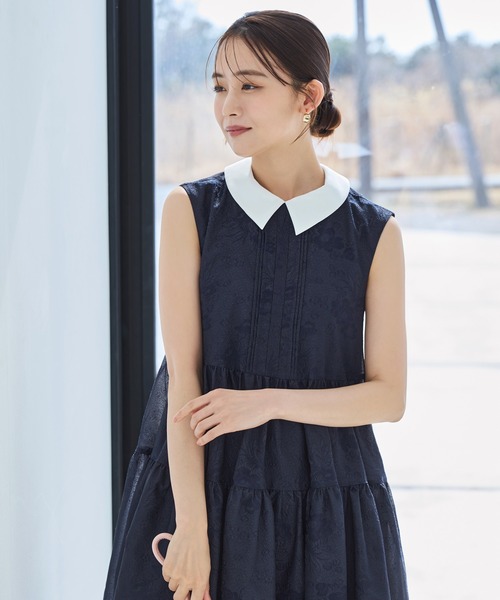 洗える 2WAY ｜ 襟付き シアー ジャカード ギャザー フレア ワンピース