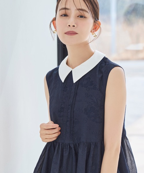 RUIRUE BOUTIQUE(ルイルエブティック)の「洗える 2WAY | 襟付き シアー ジャカード ギャザー フレア ワンピース | レディース おしゃれ きれいめ オフィスカジュアル 通勤服 リゾート ロングワンピース(ワンピース・レディース・チャコール/ネイビー/ブラック・L/M/S/LL)」の5枚目の写真
