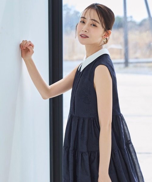 RUIRUE BOUTIQUE(ルイルエブティック)の「洗える 2WAY | 襟付き シアー ジャカード ギャザー フレア ワンピース | レディース おしゃれ きれいめ オフィスカジュアル 通勤服 リゾート ロングワンピース(ワンピース・レディース・チャコール/ネイビー/ブラック・L/M/S/LL)」の7枚目の写真